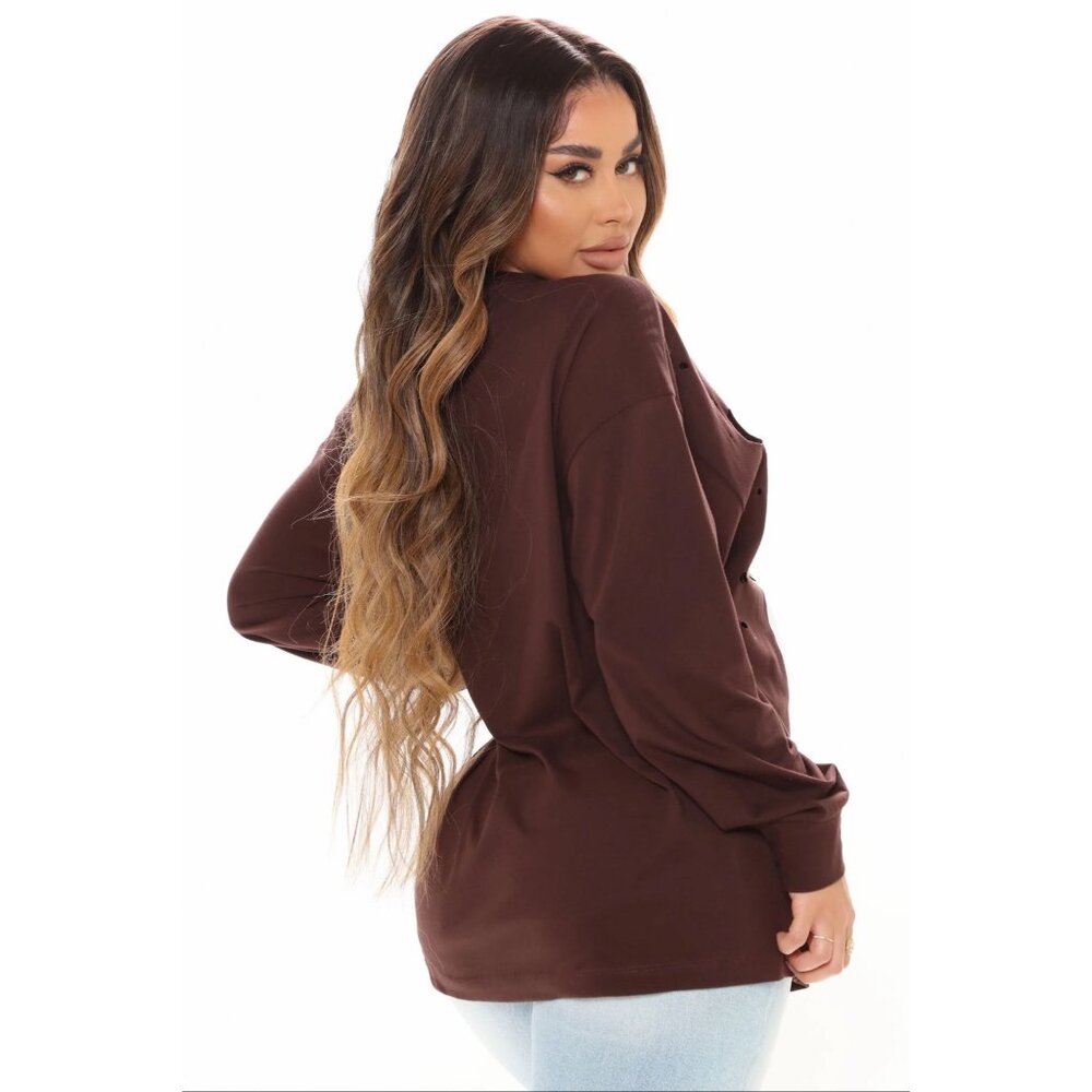Fashion Nova ✦ Future In Your Hands Tarot Top ✦ Brown Distressed Oversized Tunic - Picture 7 of 10